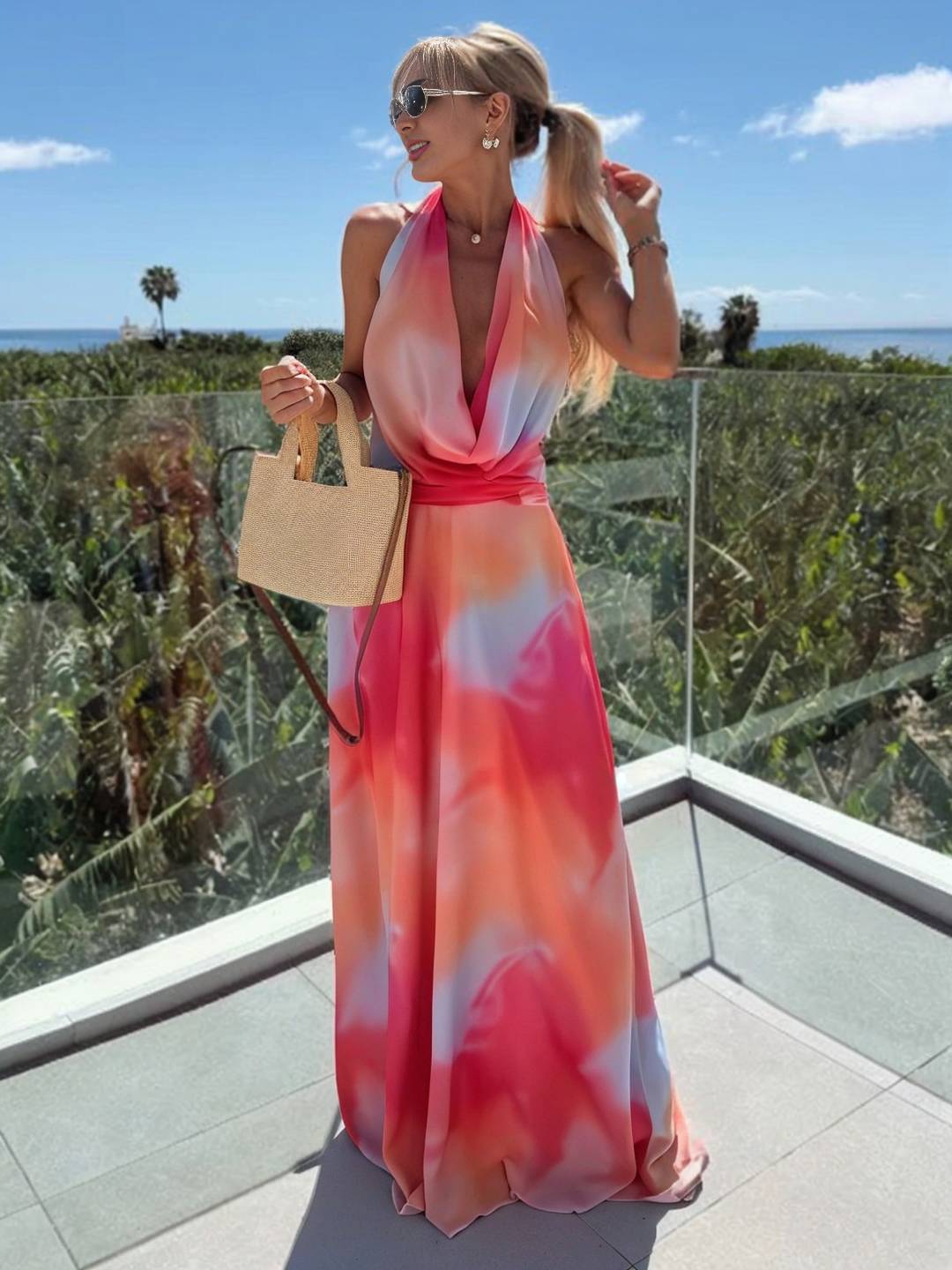 Cocolii robe longue tie and dye licou dos nu décolleté plongeant sans manches décontracté de soirée de plage style vacances