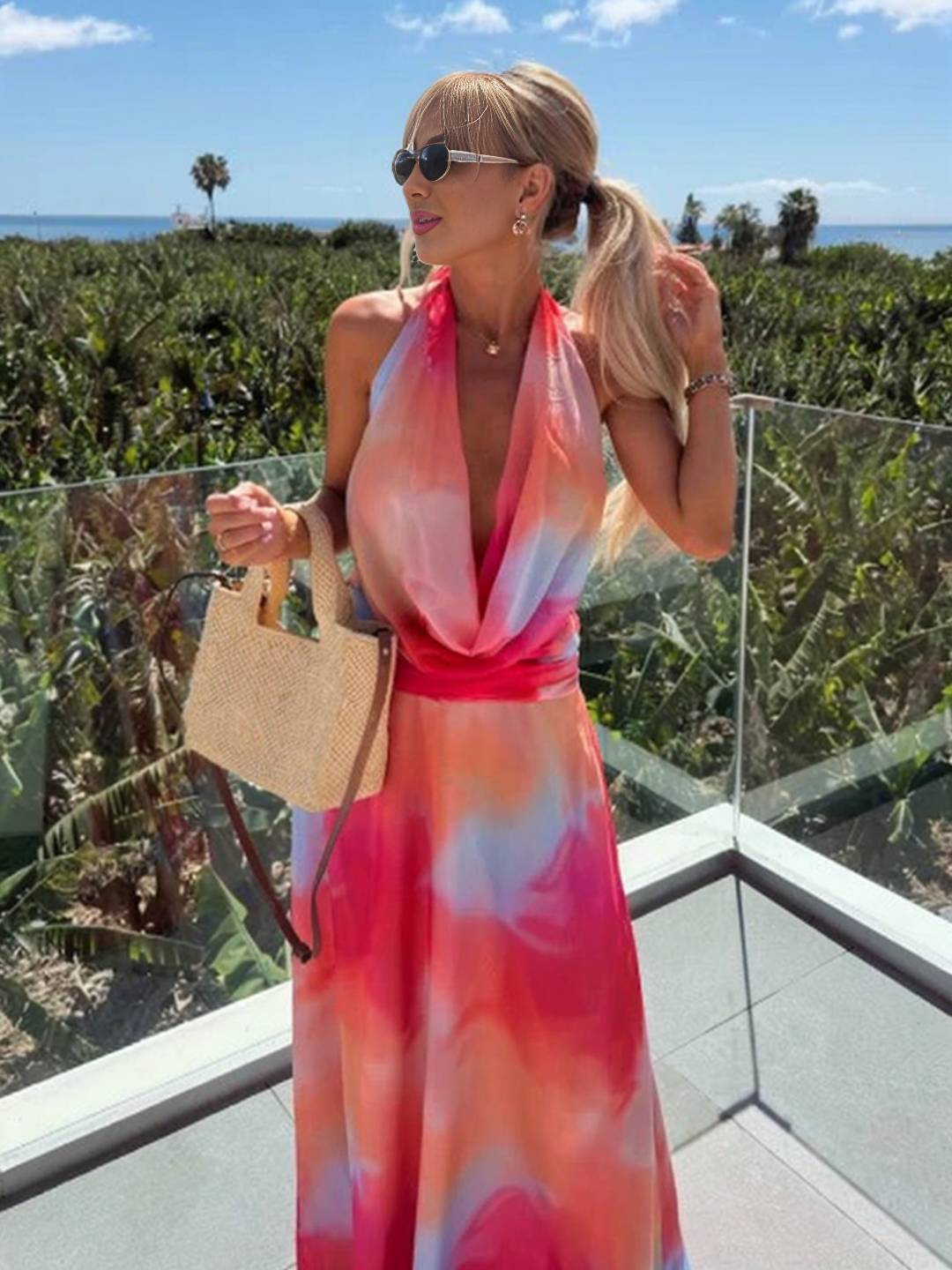 Cocolii robe longue tie and dye licou dos nu décolleté plongeant sans manches décontracté de soirée de plage style vacances