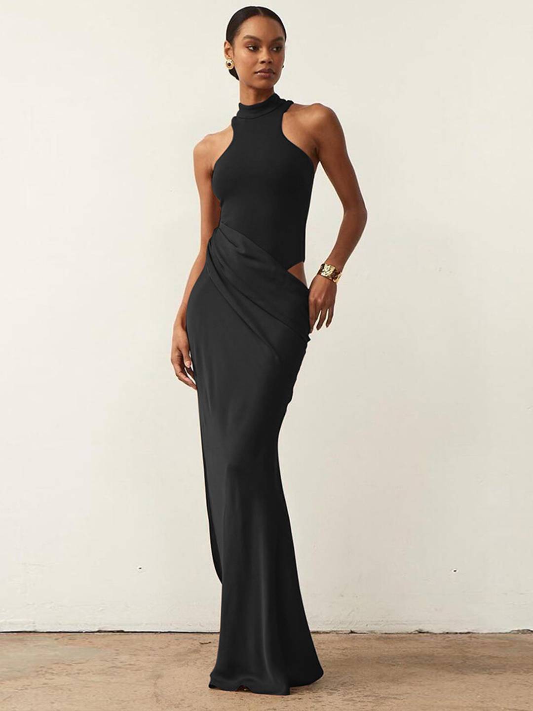 Cocolii robe longue moulante en satin col rond épaules dénudées sans manches élégant femme de soirée bal de promo