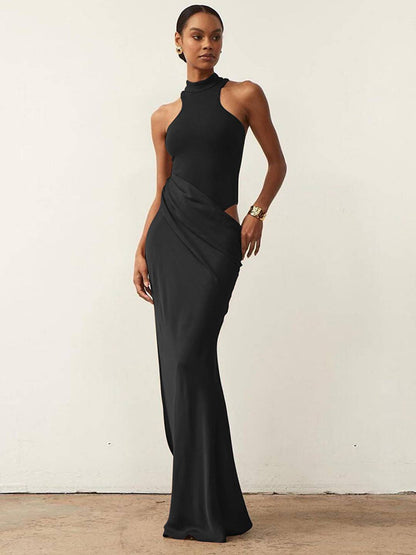 Cocolii robe longue moulante en satin col rond épaules dénudées sans manches élégant femme de soirée bal de promo