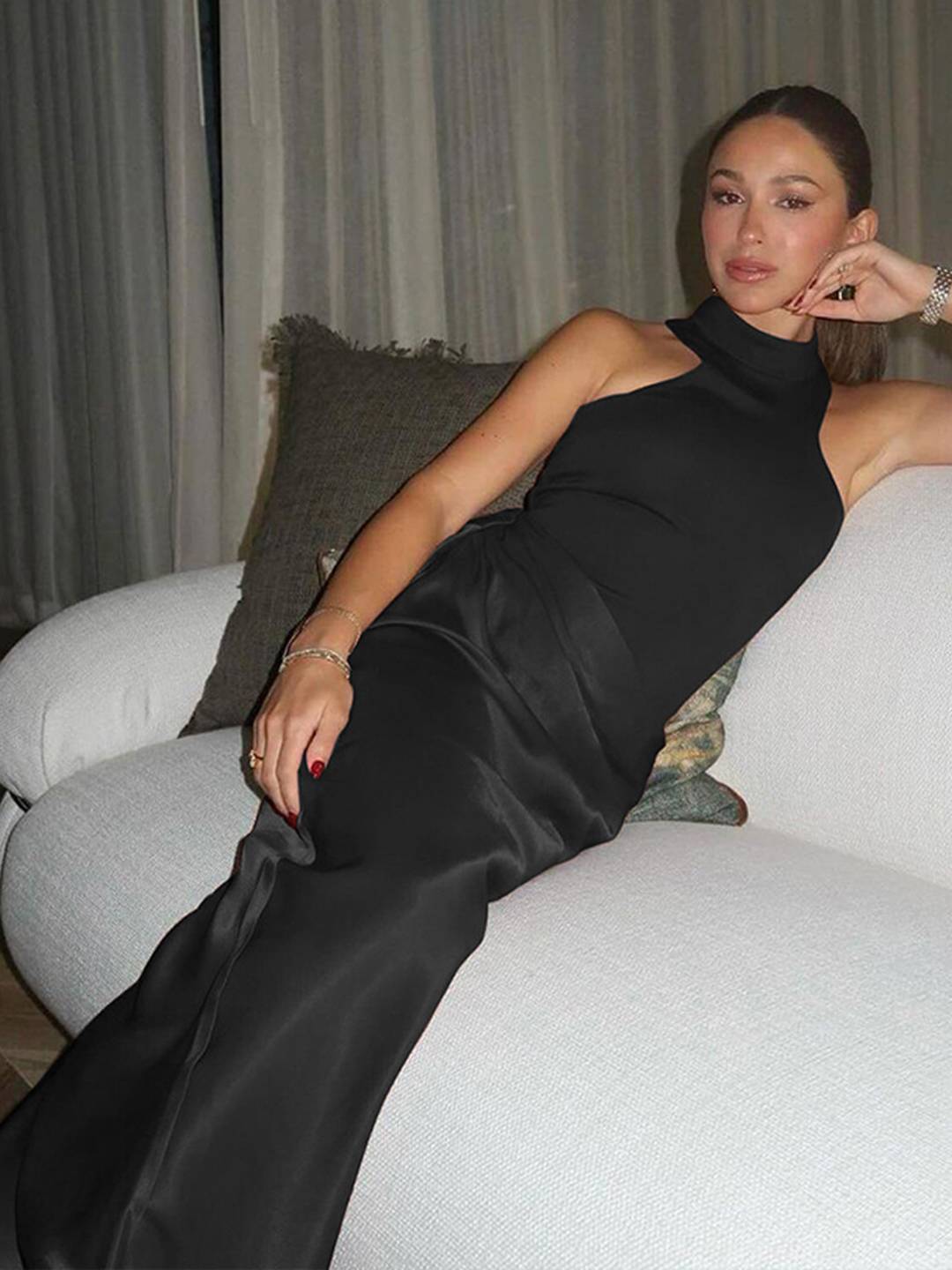 Cocolii robe longue moulante en satin col rond épaules dénudées sans manches élégant femme de soirée bal de promo