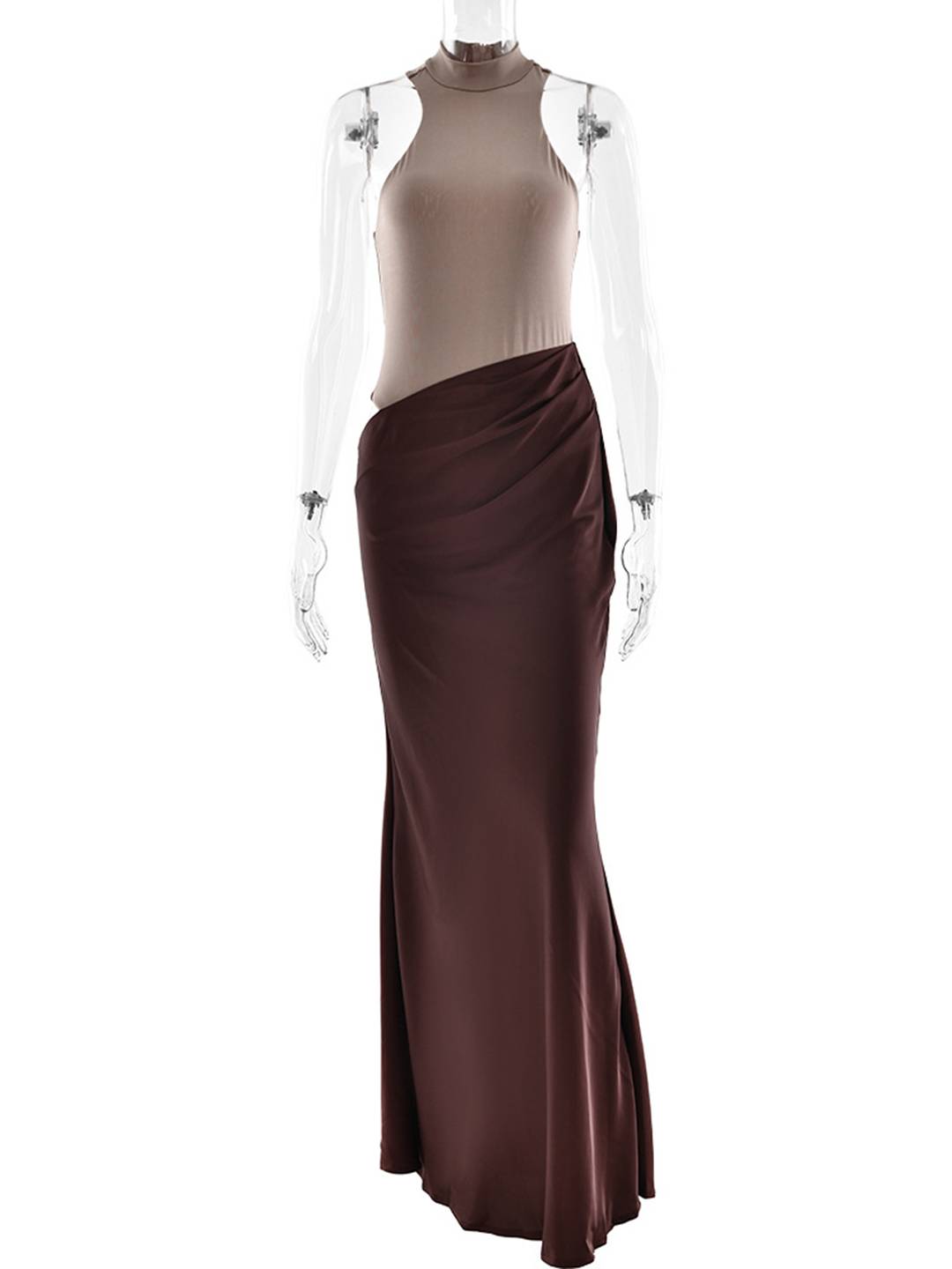 Cocolii robe longue moulante en satin col rond épaules dénudées sans manches élégant femme de soirée bal de promo