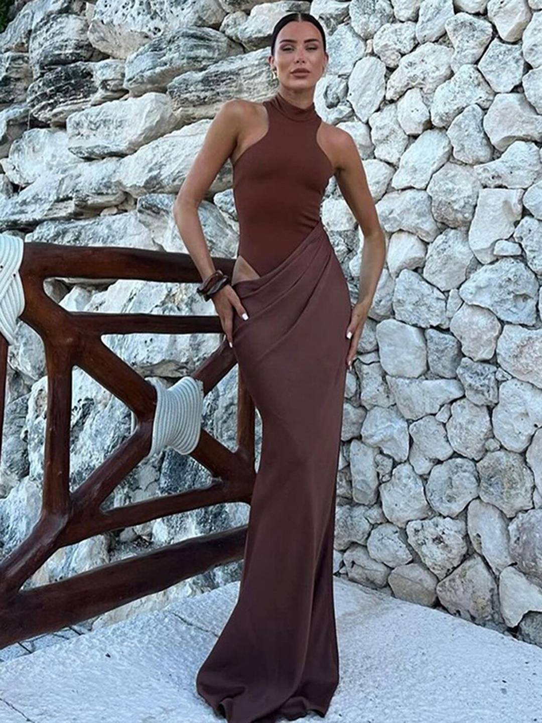 Cocolii robe longue moulante en satin col rond épaules dénudées sans manches élégant femme de soirée bal de promo