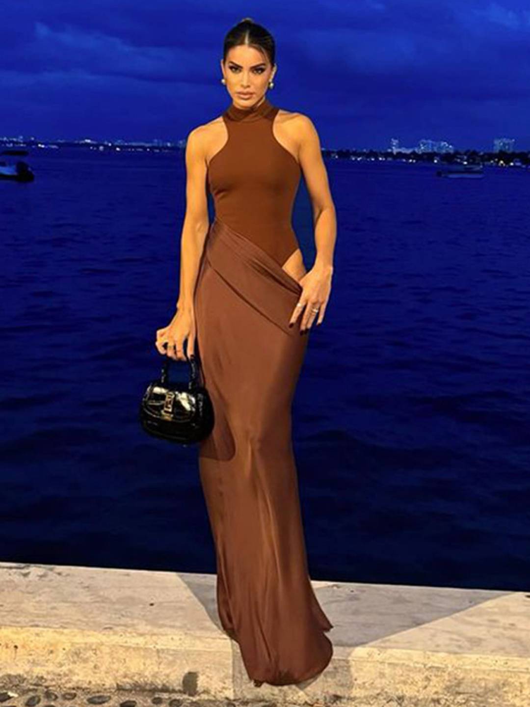 Cocolii robe longue moulante en satin col rond épaules dénudées sans manches élégant femme de soirée bal de promo