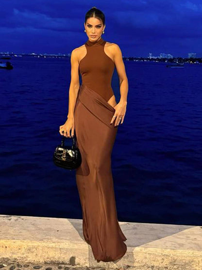 Cocolii robe longue moulante en satin col rond épaules dénudées sans manches élégant femme de soirée bal de promo