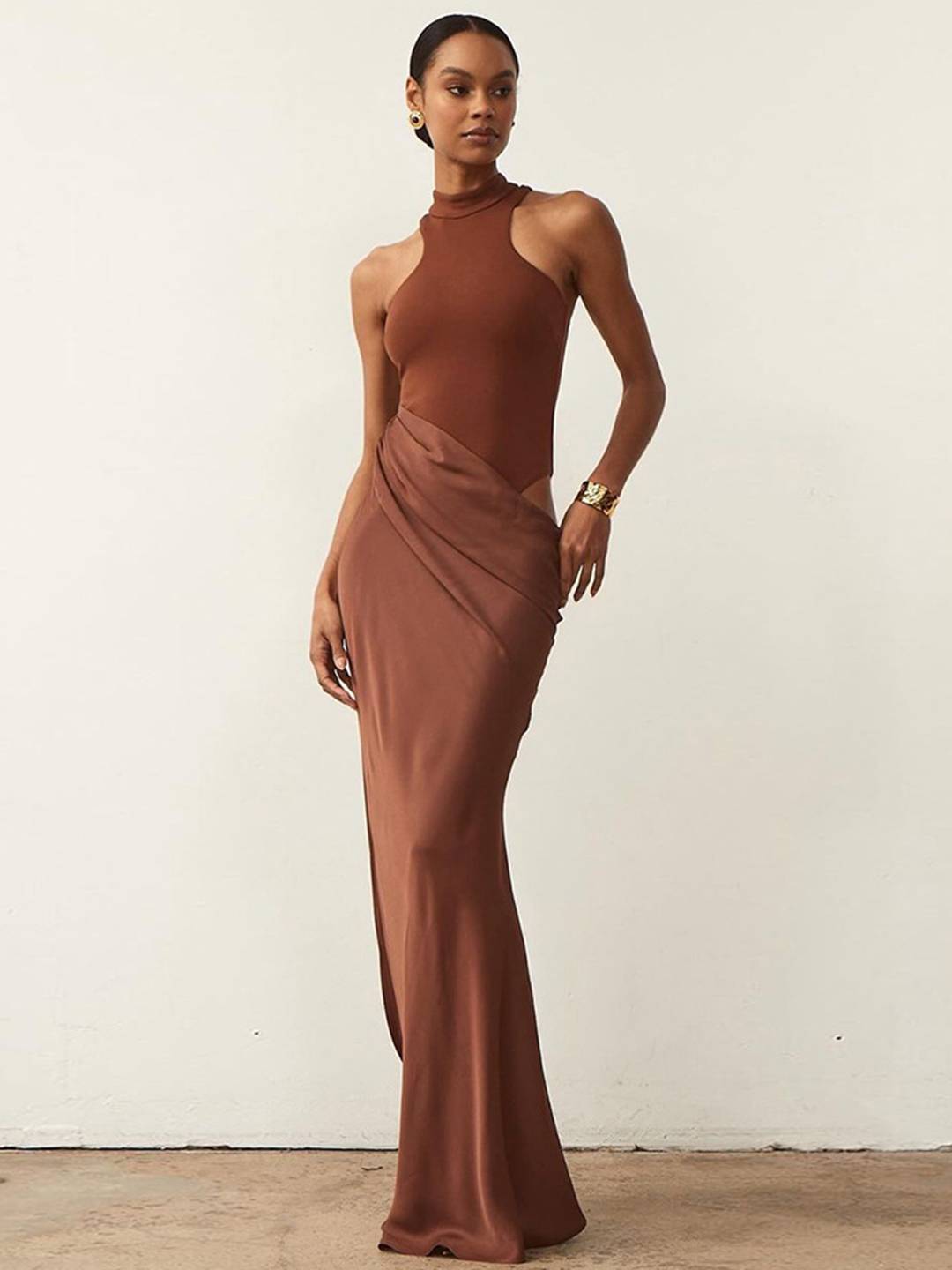 Cocolii robe longue moulante en satin col rond épaules dénudées sans manches élégant femme de soirée bal de promo