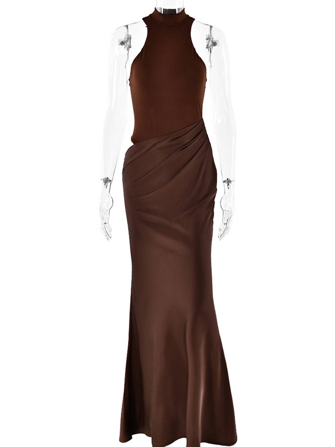 Cocolii robe longue moulante en satin col rond épaules dénudées sans manches élégant femme de soirée bal de promo