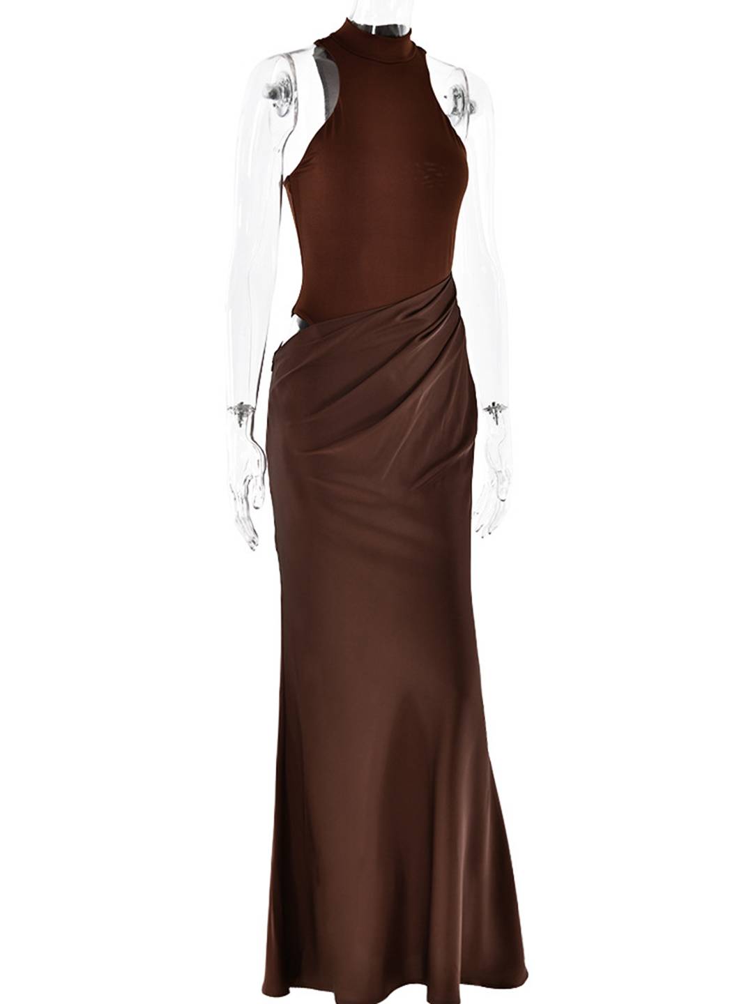 Cocolii robe longue moulante en satin col rond épaules dénudées sans manches élégant femme de soirée bal de promo