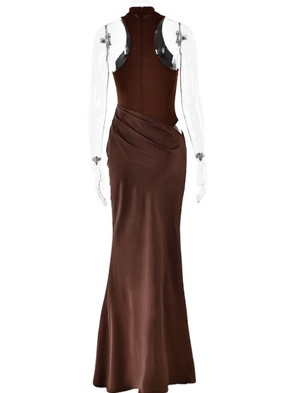 Cocolii robe longue moulante en satin col rond épaules dénudées sans manches élégant femme de soirée bal de promo