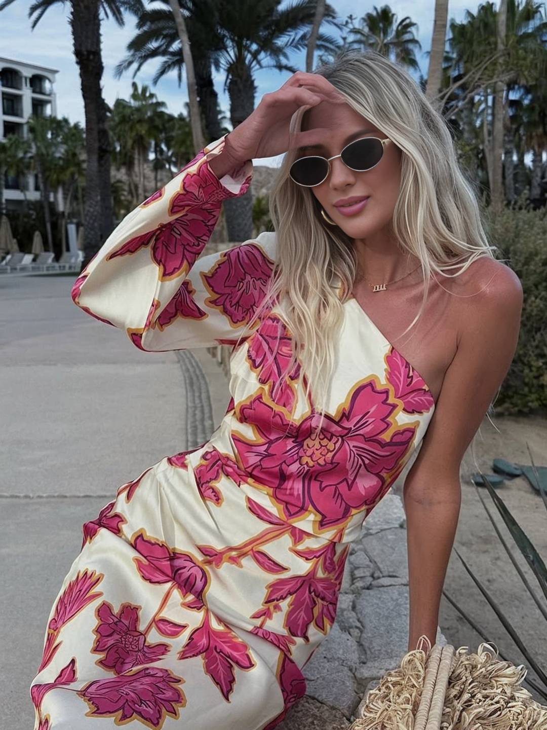 Cocolii robe longue en satin imprimé à fleurie une épaule manches longues élégant décontracté robe de soirée de plage l'été