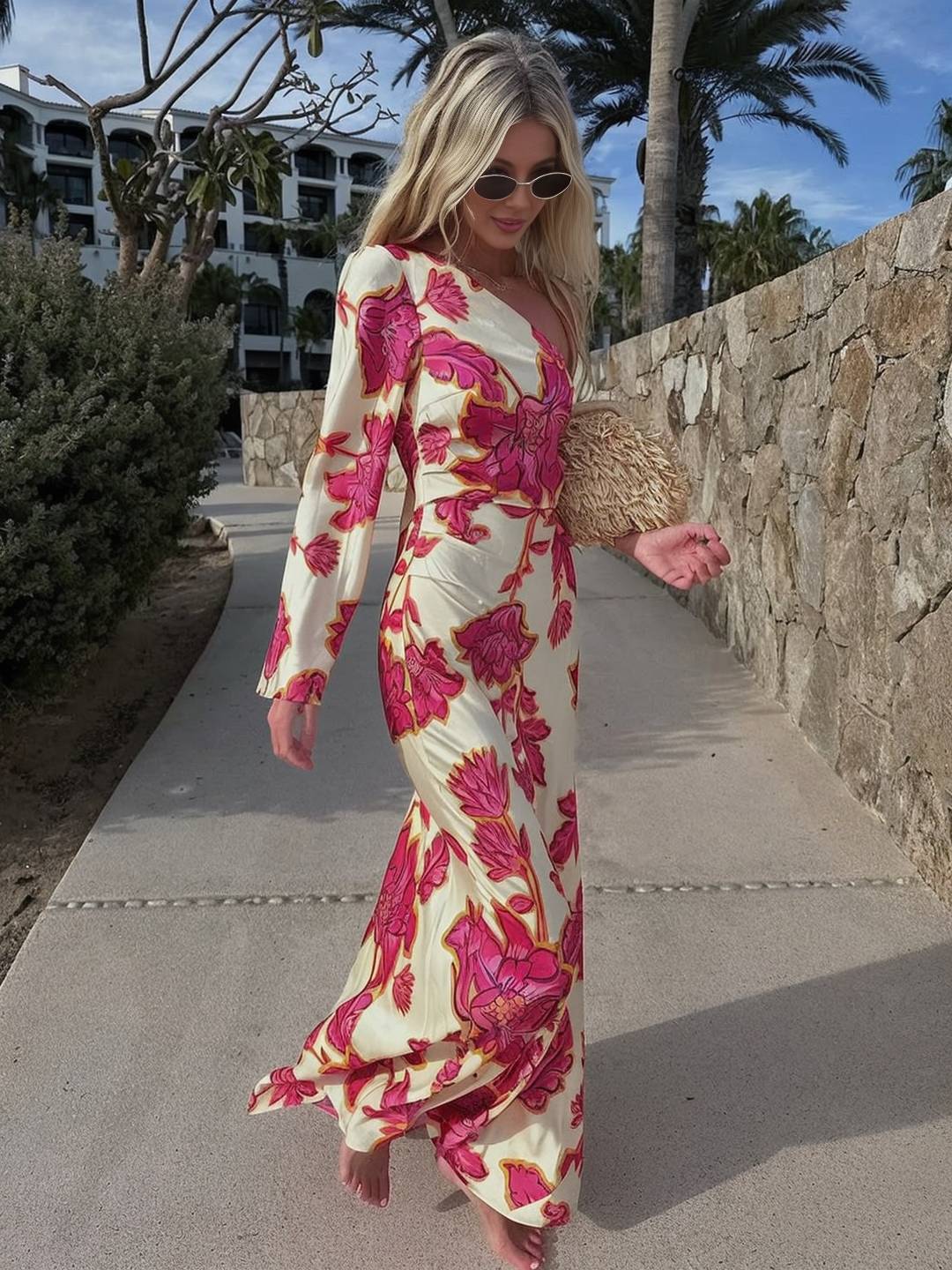 Cocolii robe longue en satin imprimé à fleurie une épaule manches longues élégant décontracté robe de soirée de plage l'été