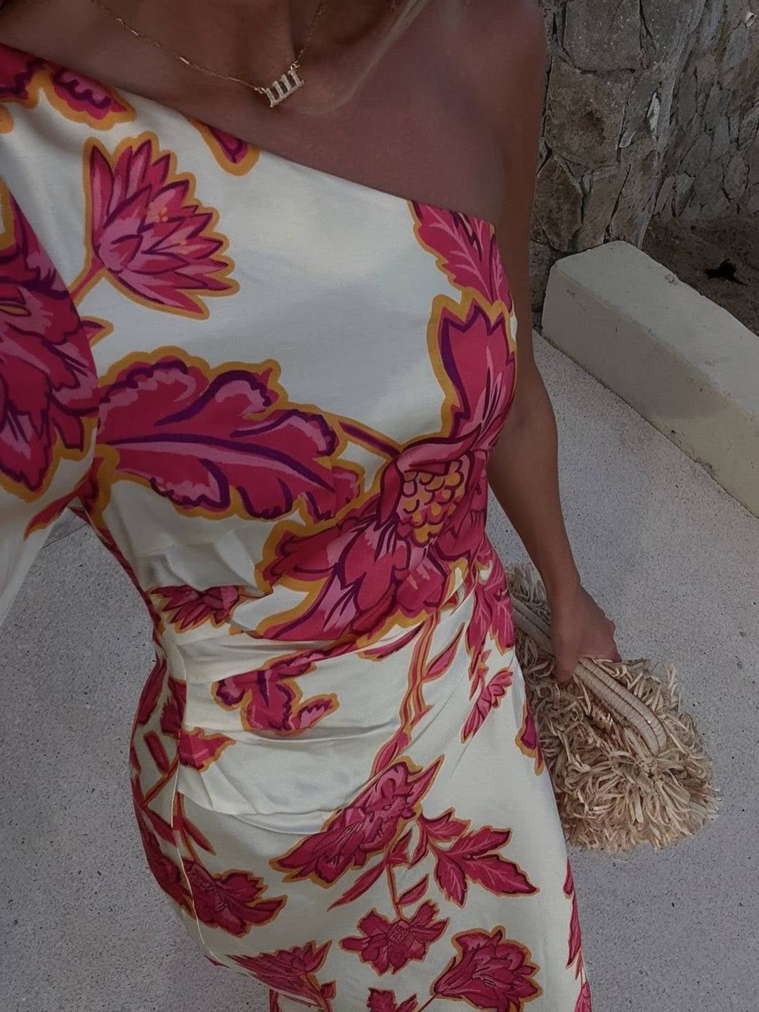 Cocolii robe longue en satin imprimé à fleurie une épaule manches longues élégant décontracté robe de soirée de plage l'été