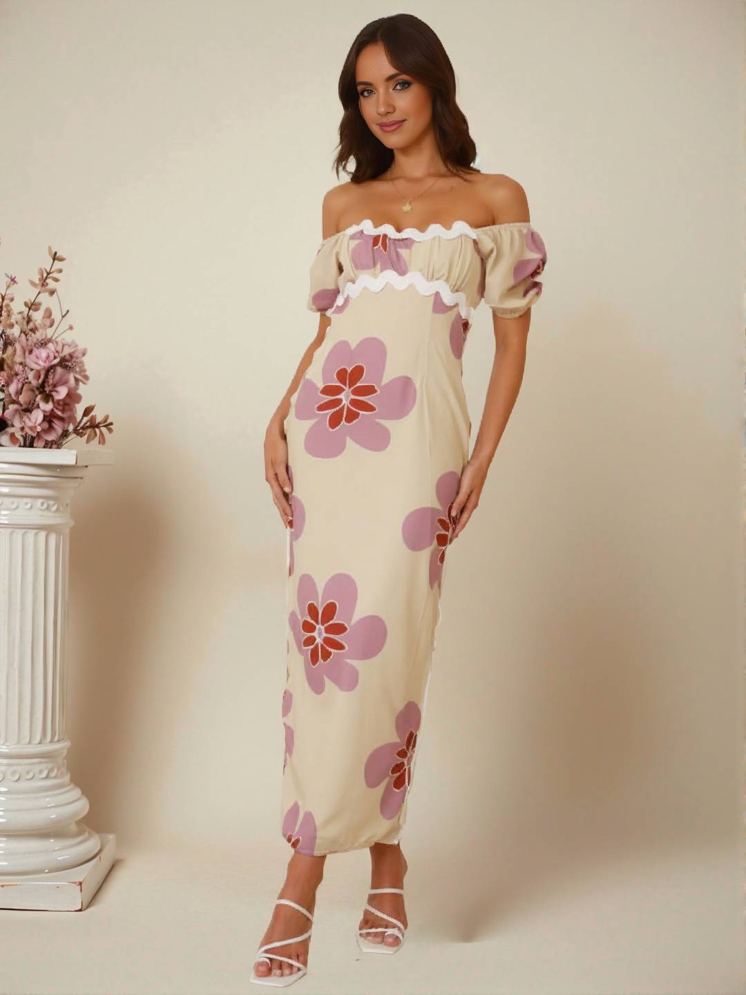 Cocolii robe longue à fleurie lin fendu col carré manches courtes femme doux élégant décontracté style romantique et estival