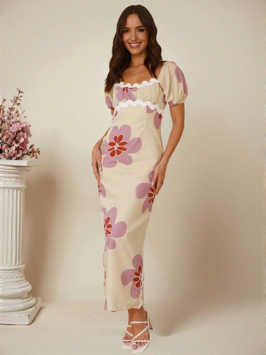 Cocolii robe longue à fleurie lin fendu col carré manches courtes femme doux élégant décontracté style romantique et estival