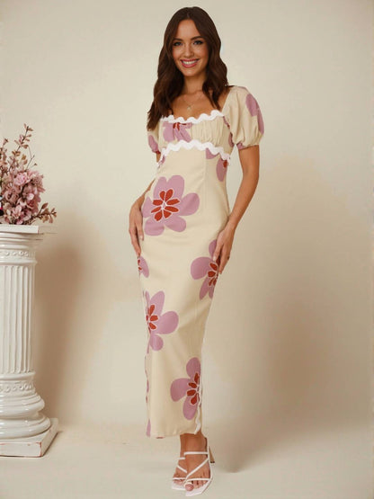 Cocolii robe longue à fleurie lin fendu col carré manches courtes femme doux élégant décontracté style romantique et estival