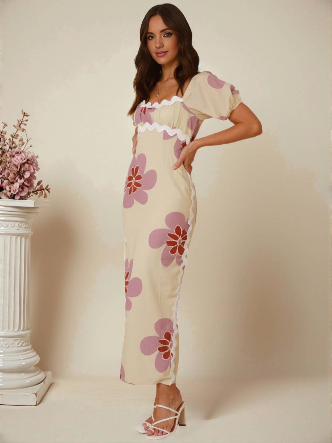 Cocolii robe longue à fleurie lin fendu col carré manches courtes femme doux élégant décontracté style romantique et estival