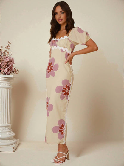 Cocolii robe longue à fleurie lin fendu col carré manches courtes femme doux élégant décontracté style romantique et estival