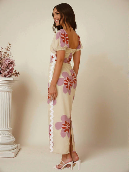 Cocolii robe longue à fleurie lin fendu col carré manches courtes femme doux élégant décontracté style romantique et estival