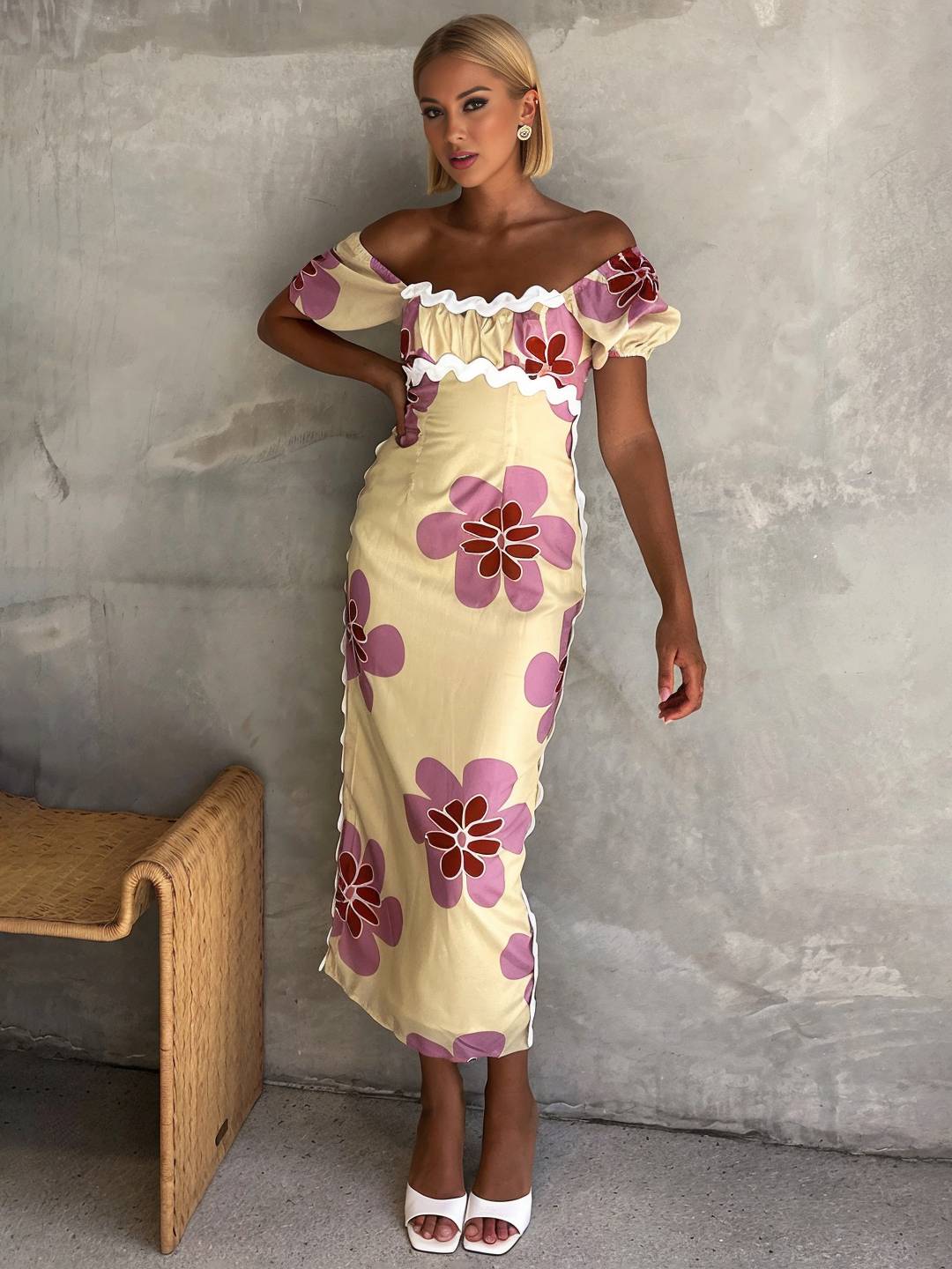 Cocolii robe longue à fleurie lin fendu col carré manches courtes femme doux élégant décontracté style romantique et estival