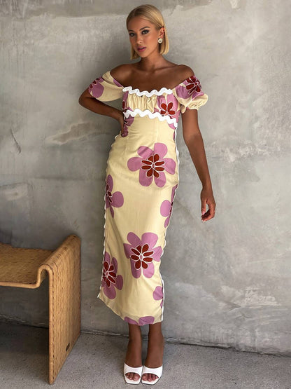 Cocolii robe longue à fleurie lin fendu col carré manches courtes femme doux élégant décontracté style romantique et estival