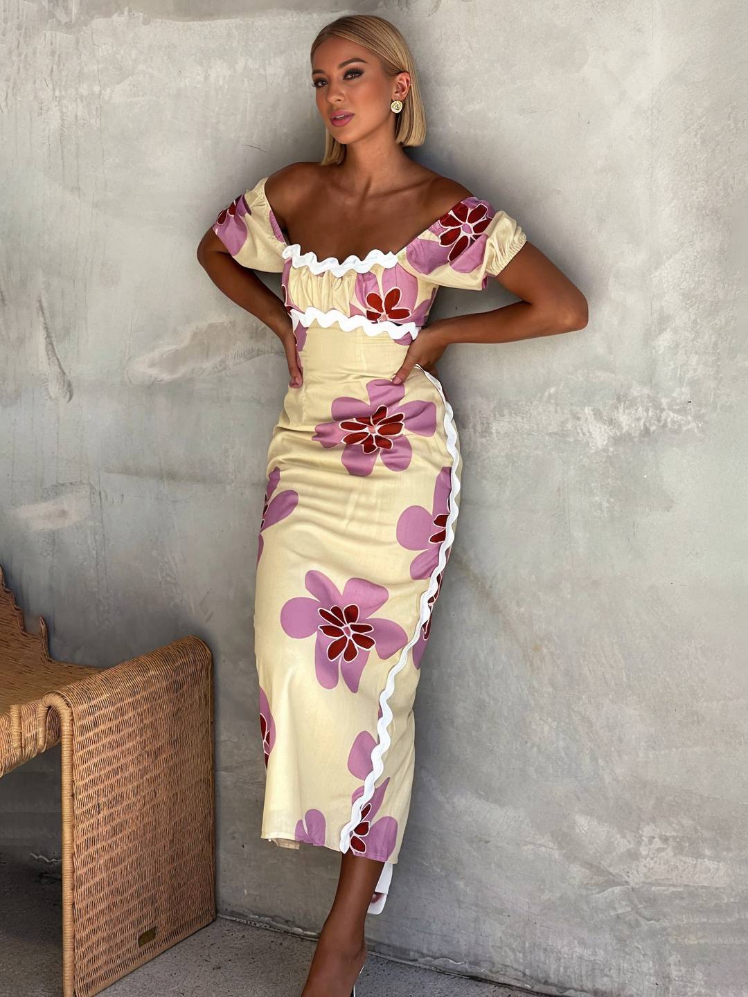 Cocolii robe longue à fleurie lin fendu col carré manches courtes femme doux élégant décontracté style romantique et estival