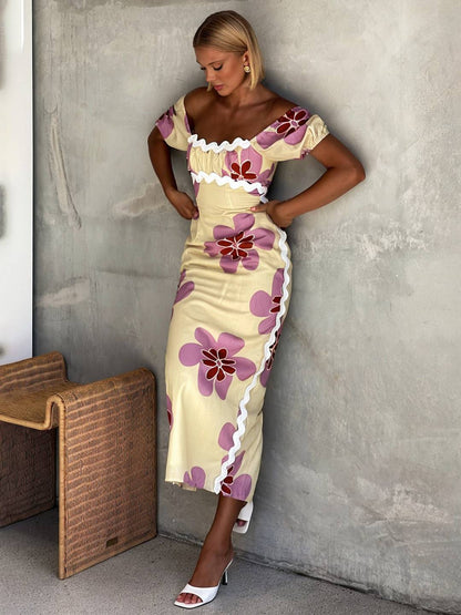 Cocolii robe longue à fleurie lin fendu col carré manches courtes femme doux élégant décontracté style romantique et estival