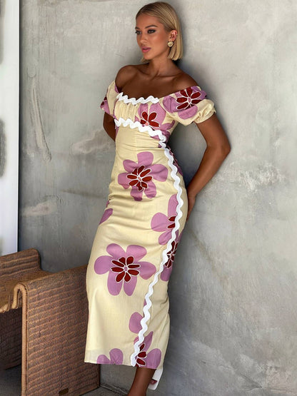 Cocolii robe longue à fleurie lin fendu col carré manches courtes femme doux élégant décontracté style romantique et estival