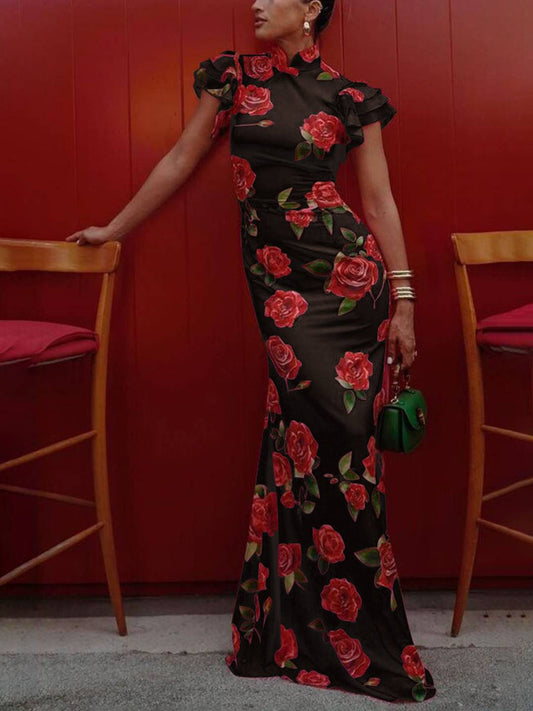 Cocolii robe longue moulante fleurie boutons col mao volants superposés sans manches élégant vintage de soirée