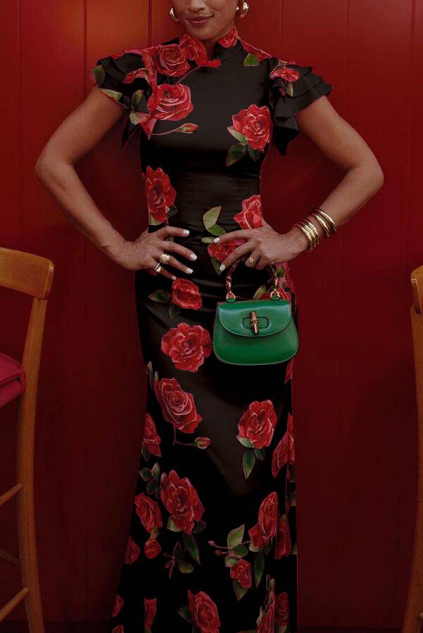 Cocolii robe longue moulante fleurie boutons col mao volants superposés sans manches élégant vintage de soirée