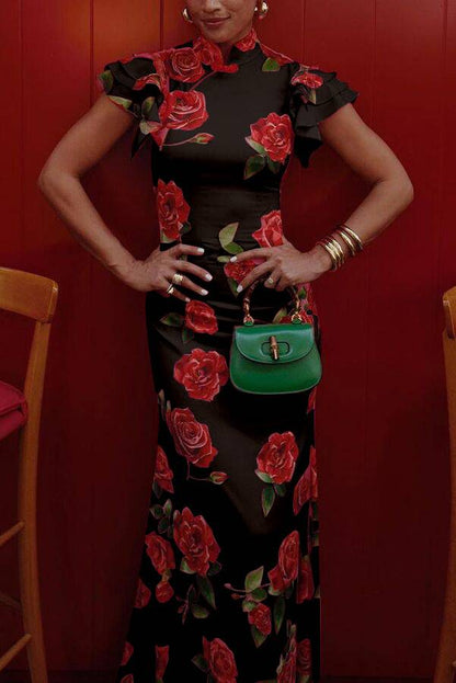 Cocolii robe longue moulante fleurie boutons col mao volants superposés sans manches élégant vintage de soirée