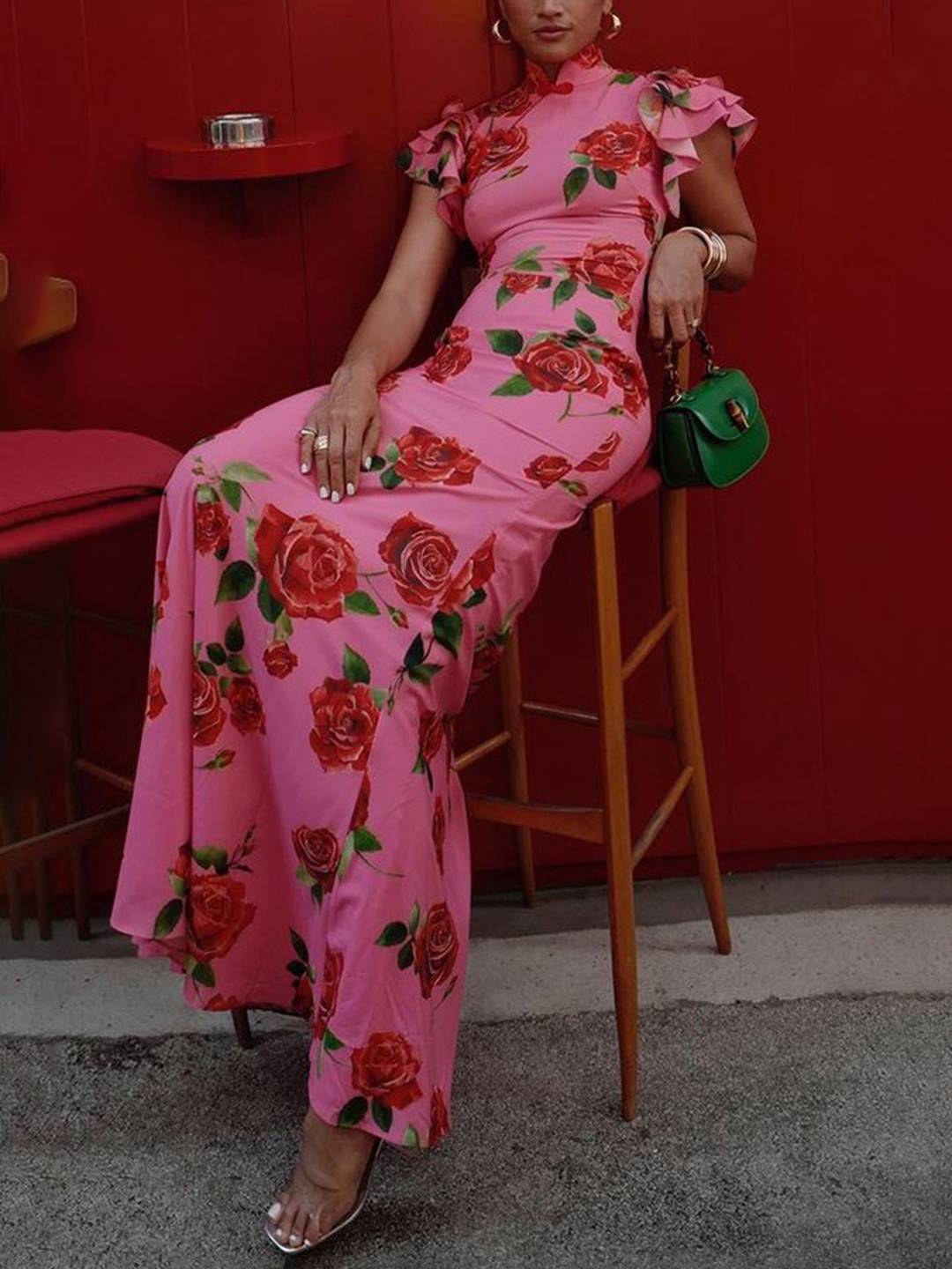 Cocolii robe longue moulante fleurie boutons col mao volants superposés sans manches élégant vintage de soirée