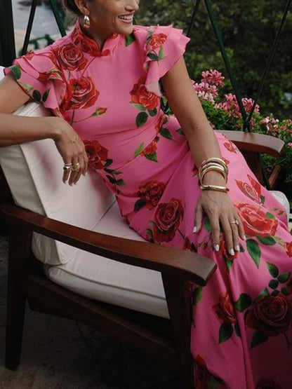 Cocolii robe longue moulante fleurie boutons col mao volants superposés sans manches élégant vintage de soirée