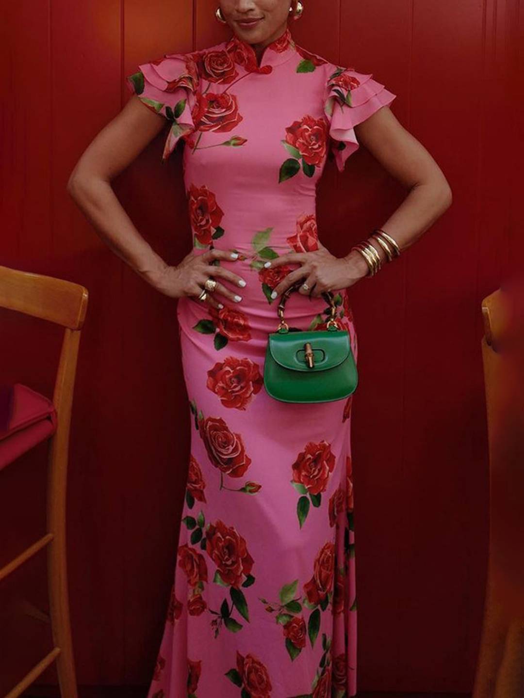 Cocolii robe longue moulante fleurie boutons col mao volants superposés sans manches élégant vintage de soirée