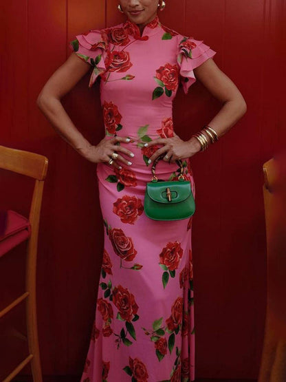 Cocolii robe longue moulante fleurie boutons col mao volants superposés sans manches élégant vintage de soirée