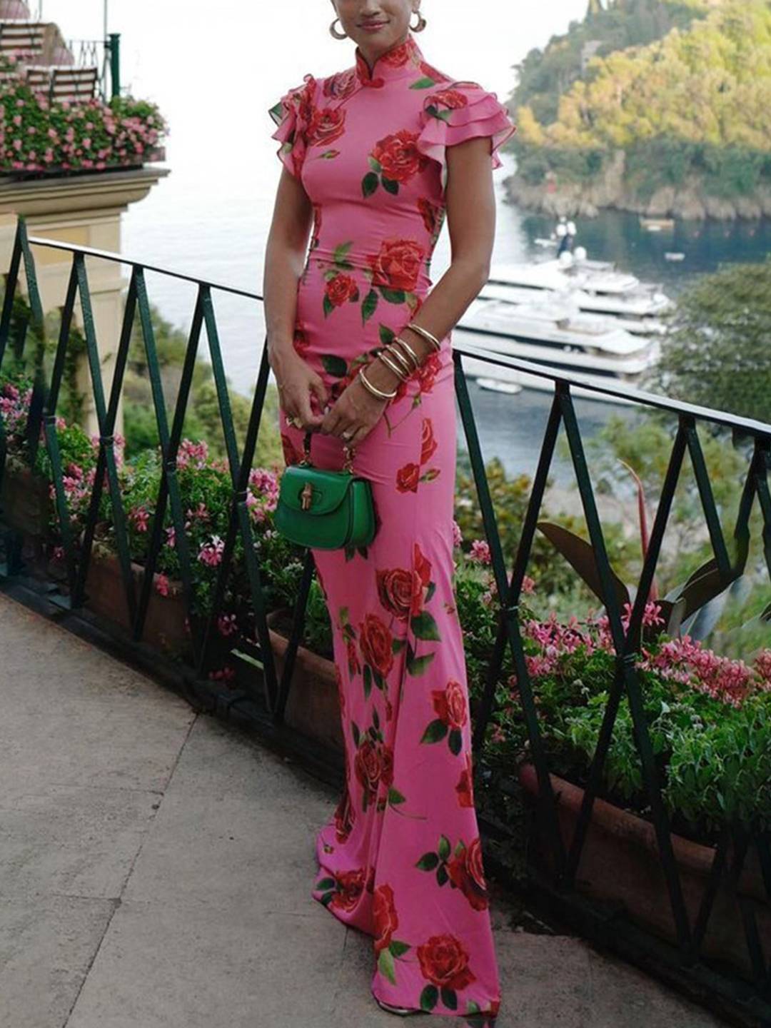 Cocolii robe longue moulante fleurie boutons col mao volants superposés sans manches élégant vintage de soirée