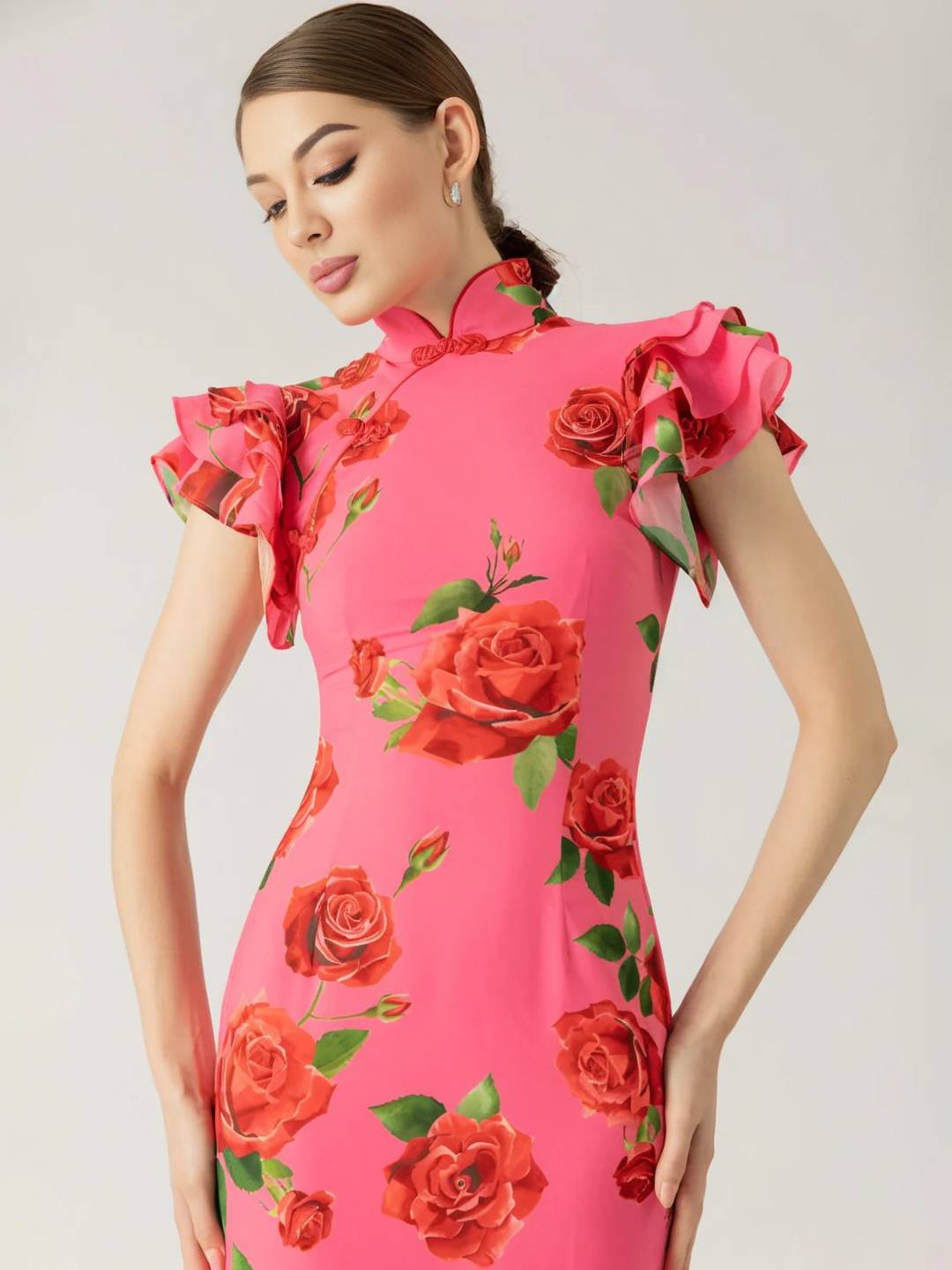 Cocolii robe longue moulante fleurie boutons col mao volants superposés sans manches élégant vintage de soirée