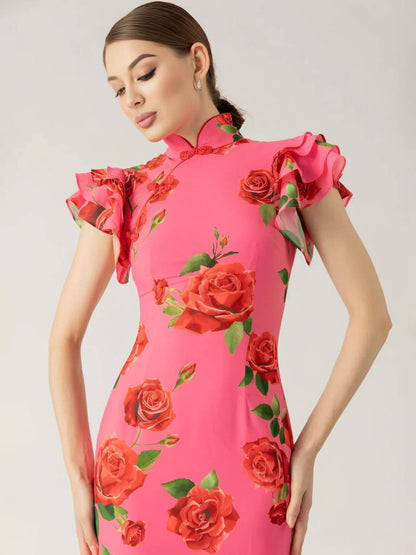 Cocolii robe longue moulante fleurie boutons col mao volants superposés sans manches élégant vintage de soirée