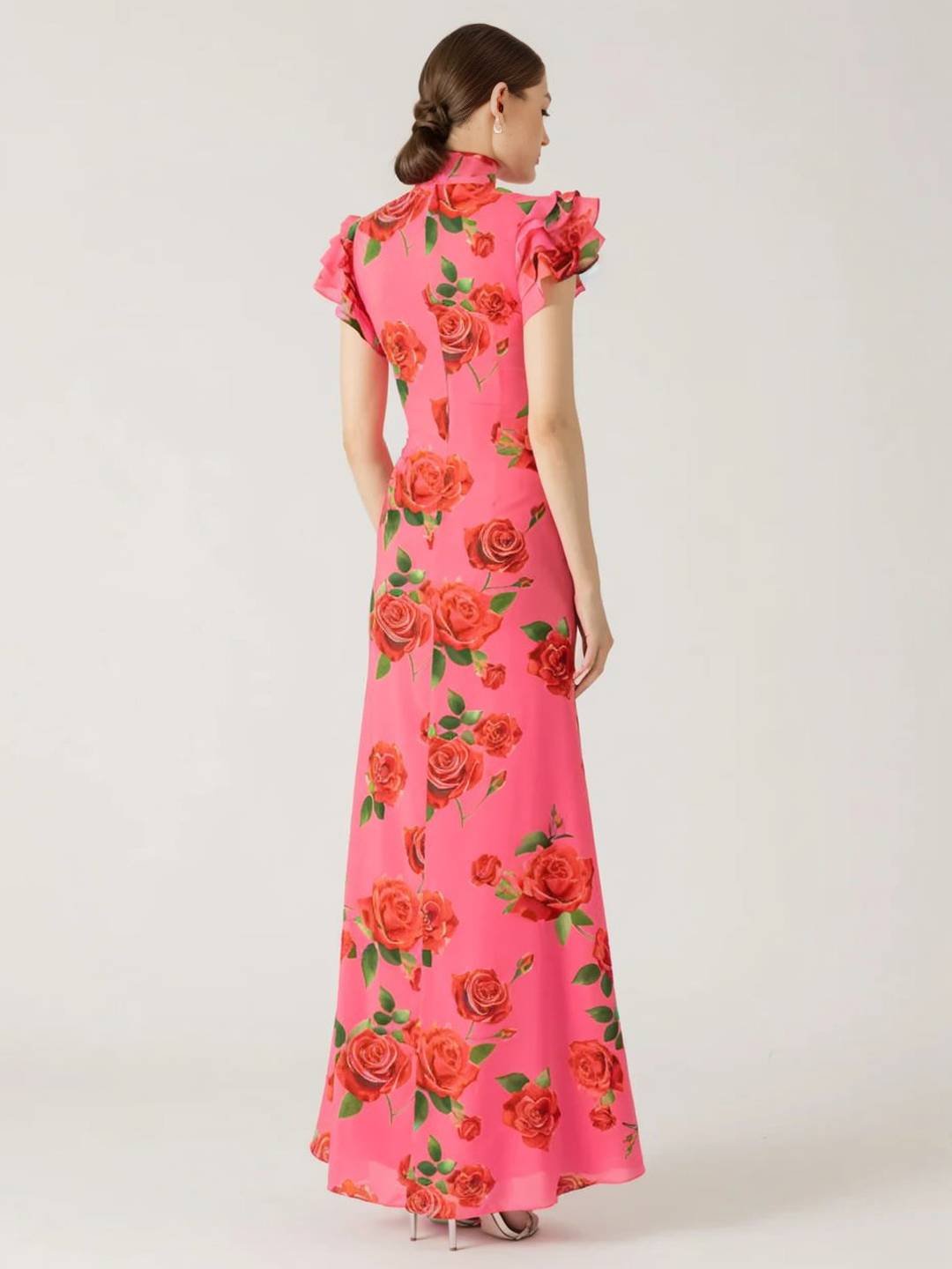 Cocolii robe longue moulante fleurie boutons col mao volants superposés sans manches élégant vintage de soirée