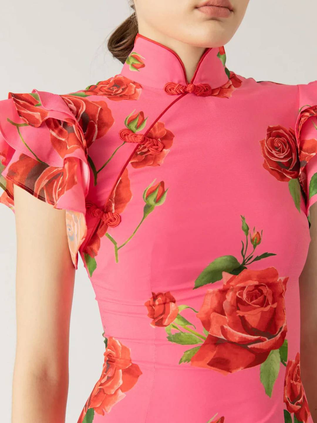 Cocolii robe longue moulante fleurie boutons col mao volants superposés sans manches élégant vintage de soirée