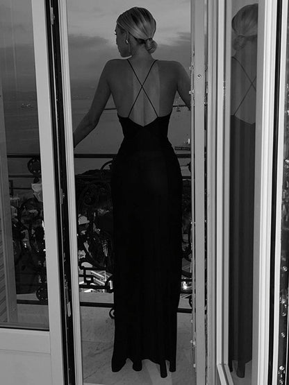 Cocolii robe longue mousseline moulante fleurie croisé dos nu à fines brides décolleté plongeant sans manches élégant de soirée