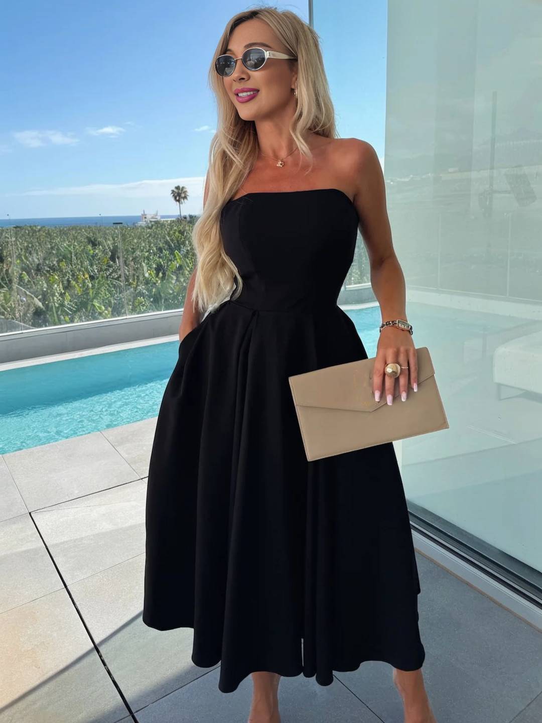 Cocolii longue robe patineuse trapèze bustier sans manches femme casual élégant bal de promo fete robe de cocktail anniversaire