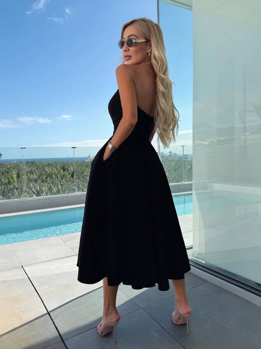 Cocolii longue robe patineuse trapèze bustier sans manches femme casual élégant bal de promo fete robe de cocktail anniversaire