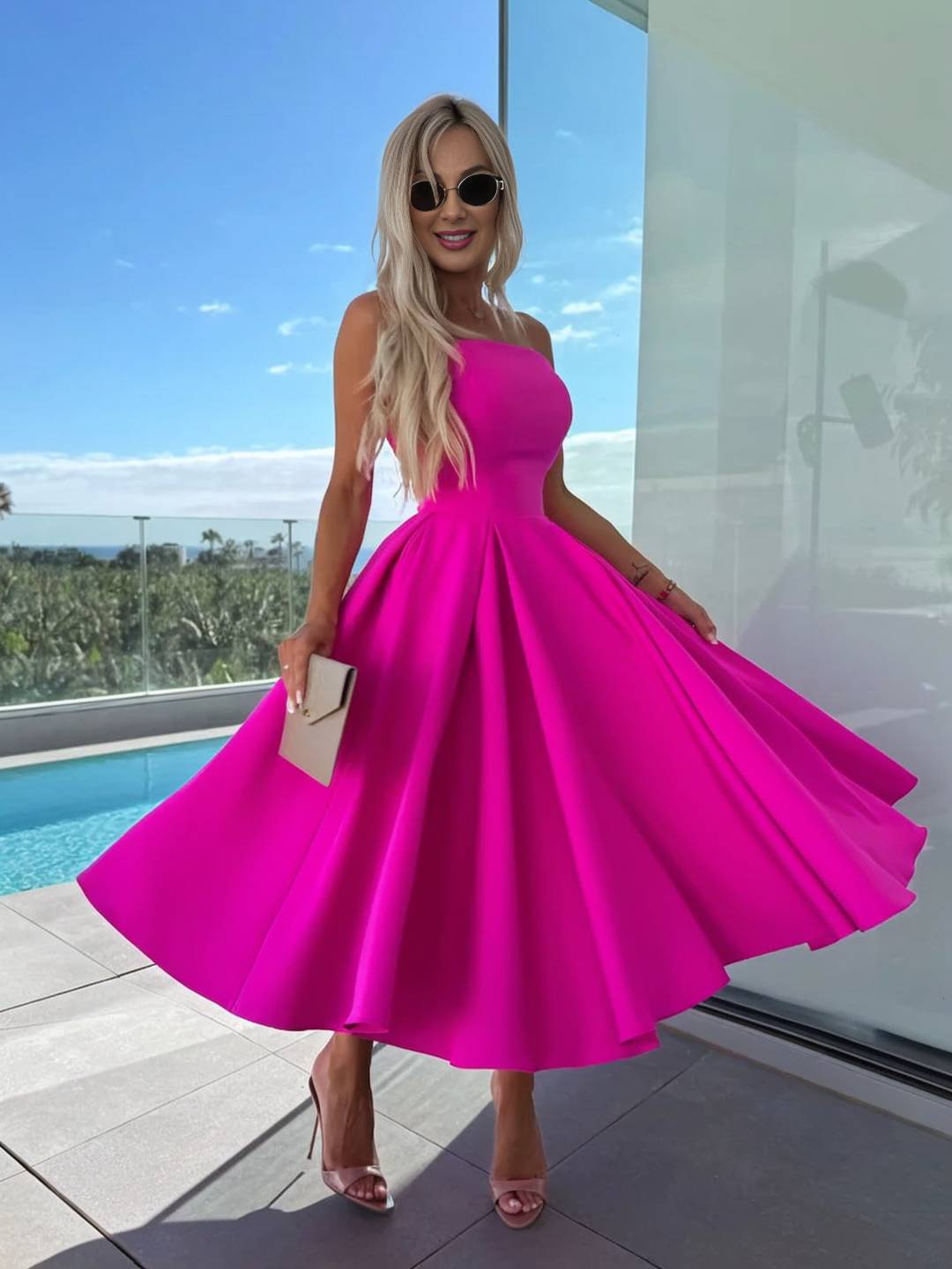 Cocolii longue robe patineuse trapèze bustier sans manches femme casual élégant bal de promo fete robe de cocktail anniversaire