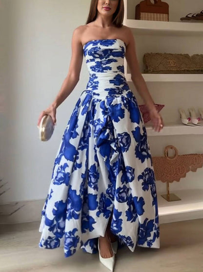 Cocolii robe longue trapèze imprimé à fleurie bustier fendu le côté sans manches femme élégant vintage bal de promo cérémonie