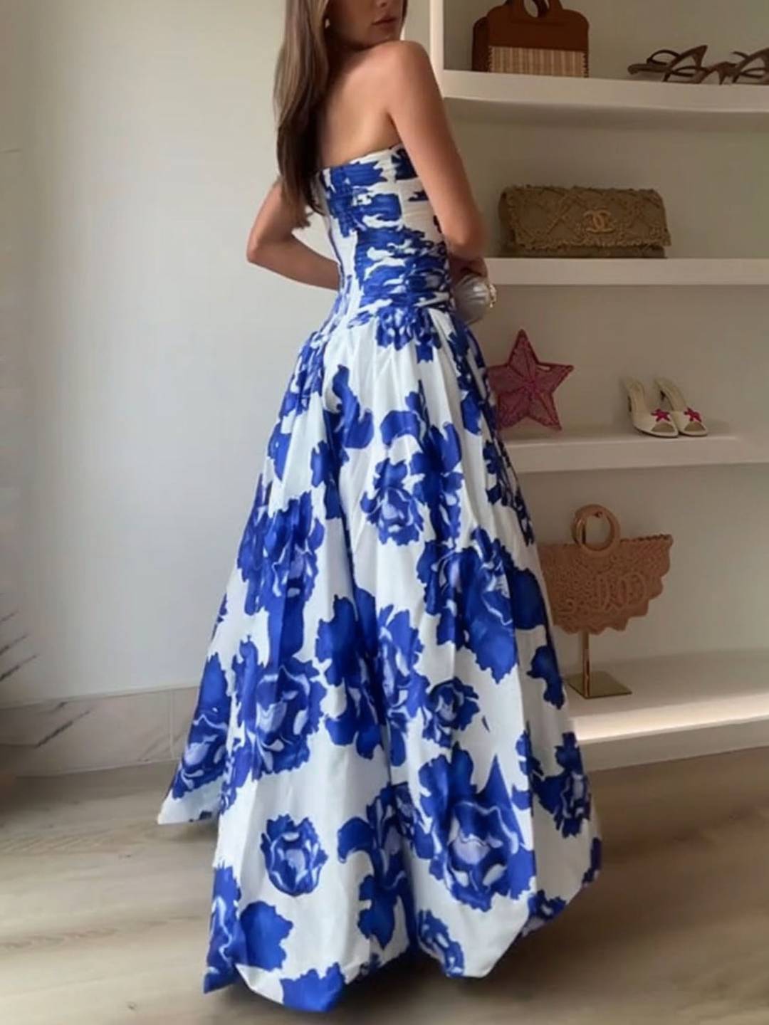 Cocolii robe longue trapèze imprimé à fleurie bustier fendu le côté sans manches femme élégant vintage bal de promo cérémonie