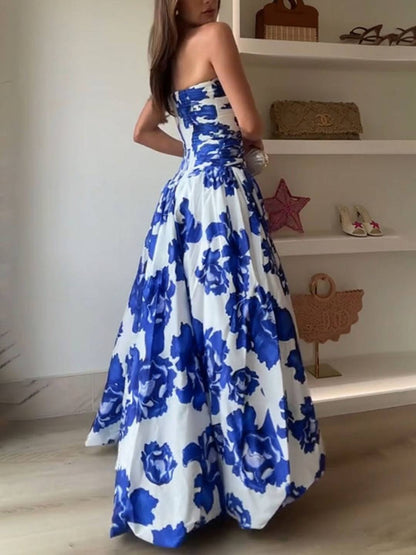 Cocolii robe longue trapèze imprimé à fleurie bustier fendu le côté sans manches femme élégant vintage bal de promo cérémonie