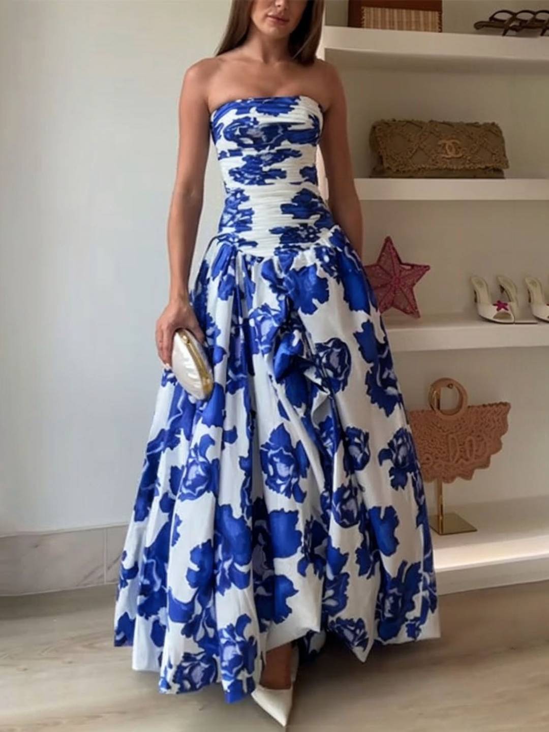 Cocolii robe longue trapèze imprimé à fleurie bustier fendu le côté sans manches femme élégant vintage bal de promo cérémonie