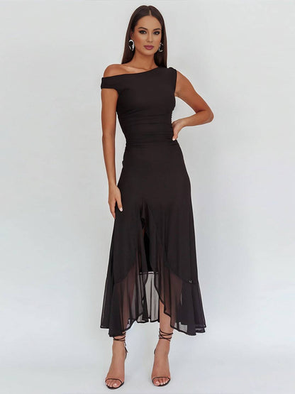 Cocolii robe longue moulante tulle une épaule fendu le côté à volantée sans manches femme élégant de soirée bal de promo