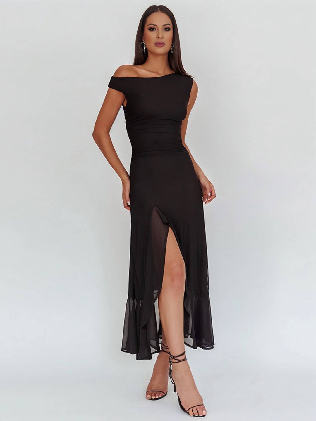 Cocolii robe longue moulante tulle une épaule fendu le côté à volantée sans manches femme élégant de soirée bal de promo