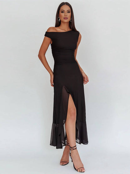 Cocolii robe longue moulante tulle une épaule fendu le côté à volantée sans manches femme élégant de soirée bal de promo